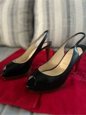 Christian Louboutin Black Peep-Toe Slingback Pumps with Brown Platform